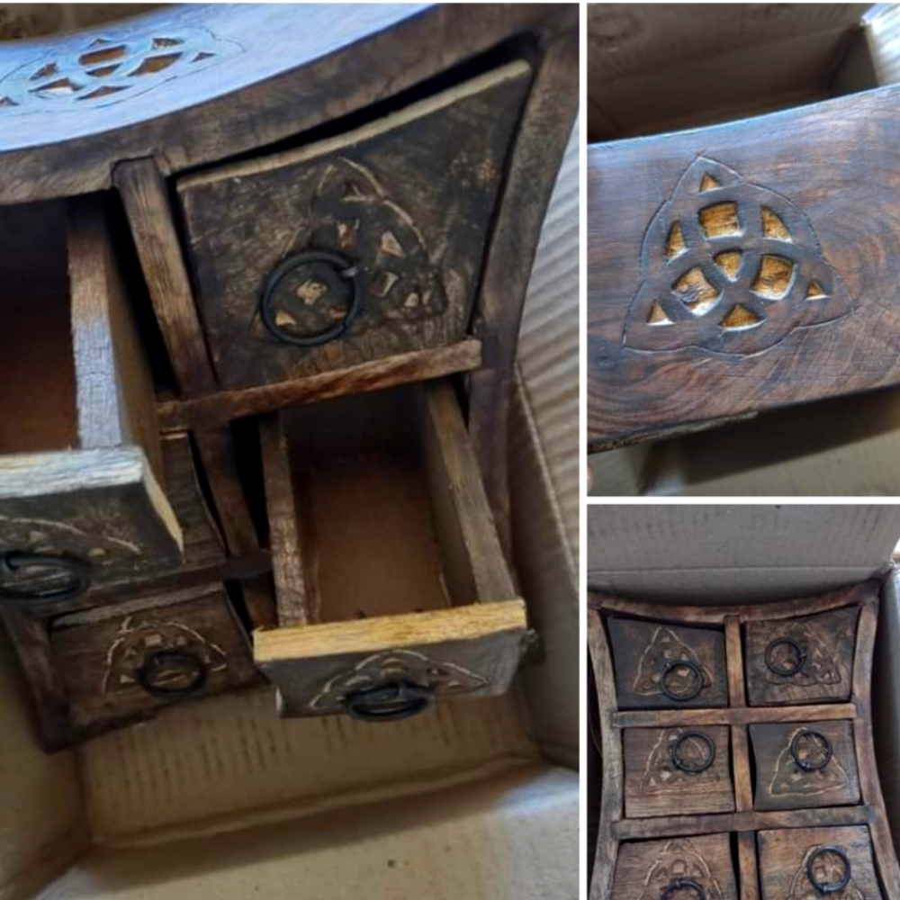 Wooden Handicraft Storage.  Beautifully carved Triquetra design. 8 inch high x 6